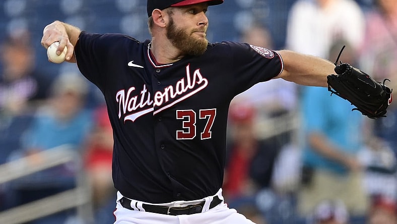 May 21, 2021; Washington, District of Columbia, USA;  Washington Nationals starting pitcher Stephen Strasburg (37) delivers a pitch during the first inning against the Baltimore Orioles at Nationals Park. Mandatory Credit: Tommy Gilligan-USA TODAY Sports