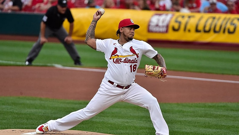 May 21, 2021; St. Louis, Missouri, USA;  St. Louis Cardinals starting pitcher Carlos Martinez (18) pitches during the first inning against the Chicago Cubs at Busch Stadium. Mandatory Credit: Jeff Curry-USA TODAY Sports