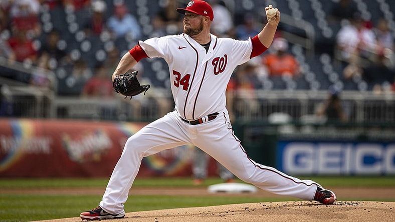 May 22, 2021; Washington, District of Columbia, USA; Washington Nationals starting pitcher Jon Lester (34) pitches during the first inning against the Baltimore Orioles  at Nationals Park. Mandatory Credit: Scott Taetsch-USA TODAY Sports
