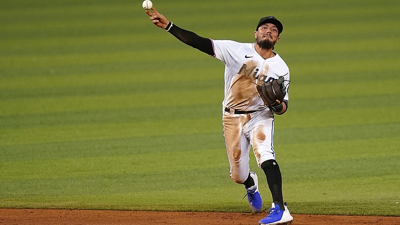 May 24, 2021; Miami, Florida, USA; Miami Marlins shortstop Miguel Rojas (19) throws out Philadelphia Phillies third baseman Alec Bohm (28, not pictured) in the 3rd inning at loanDepot park. Mandatory Credit: Jasen Vinlove-USA TODAY Sports