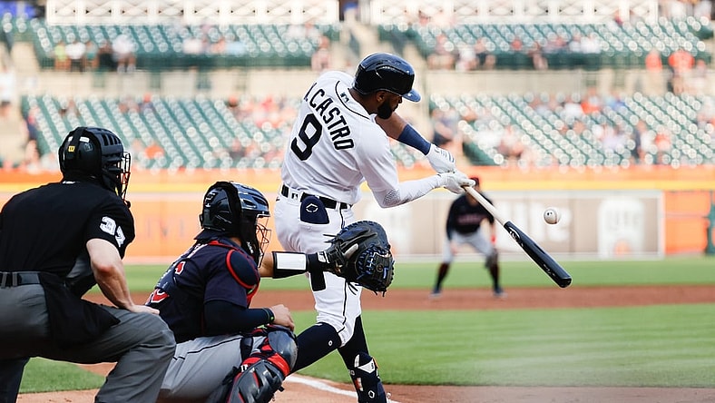 May 24, 2021; Detroit, Michigan, USA;  Detroit Tigers shortstop Willi Castro (9) hits an RBI double in the second inning against the Cleveland Indians at Comerica Park. Mandatory Credit: Rick Osentoski-USA TODAY Sports