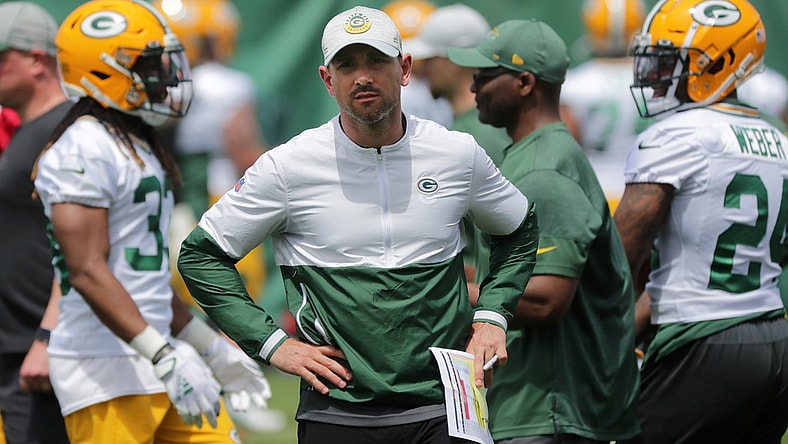 May 25, 2020; Green Bay, WI, USA; Green Bay Packers head coach Matt LaFleur (center) during the second day of organized team activities. Mandatory Credit: Mark Hoffman/Milwaukee Journal Sentinel-USA TODAY NETWORK