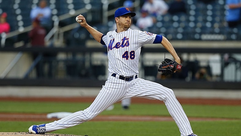 May 25, 2021; New York City, New York, USA; New York Mets starting pitcher Jacob deGrom (48) pitches against the Colorado Rockies during the first inning at Citi Field. Mandatory Credit: Andy Marlin-USA TODAY Sports