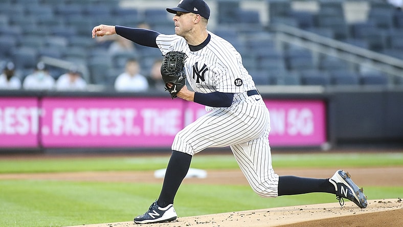 May 25, 2021; Bronx, New York, USA; New York Yankees pitcher Corey Kluber (28) pitches in the first inning against the Toronto Blue Jays at Yankee Stadium. Mandatory Credit: Wendell Cruz-USA TODAY Sports