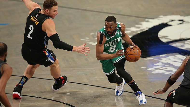May 25, 2021; Brooklyn, New York, USA; Boston Celtics point guard Kemba Walker (8) drives to the basket against Brooklyn Nets power forward Blake Griffin (2) during the first quarter of game two of the first round of the 2021 NBA Playoffs at Barclays Center. Mandatory Credit: Brad Penner-USA TODAY Sports
