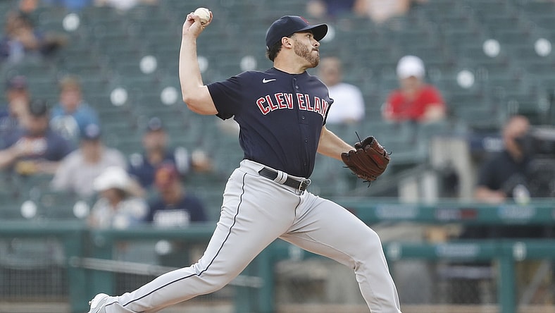 May 25, 2021; Detroit, Michigan, USA; Cleveland Indians starting pitcher Aaron Civale (43) pitches during the first inning against the Detroit Tigers at Comerica Park. Mandatory Credit: Raj Mehta-USA TODAY Sports
