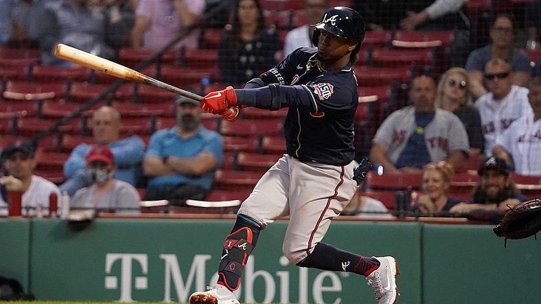 May 25, 2021; Boston, Massachusetts, USA; Atlanta Braves second baseman Ozzie Albies (1) hits a fielders choice RBI against the Boston Red Sox during the third inning at Fenway Park. Mandatory Credit: David Butler II-USA TODAY Sports