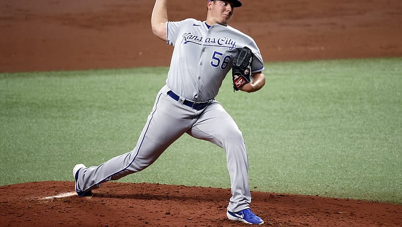 May 25, 2021; St. Petersburg, Florida, USA; Kansas City Royals starting pitcher Brad Keller (56) throws a pitch during the third inning against the Tampa Bay Rays at Tropicana Field. Mandatory Credit: Kim Klement-USA TODAY Sports