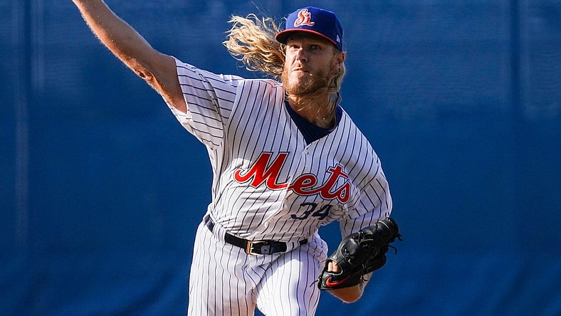New York Mets pitcher Noah Syndergaard delivers a pitch during the first inning of a rehab assignment start for the St. Lucie Mets against Daytona Tortugas on Tuesday, May 25, 2021, at Clover Park in Port St. Lucie. According to a statement from the Mets, Syndergaard was removed after one inning due to right elbow soreness.

Tcn Syndergaard
