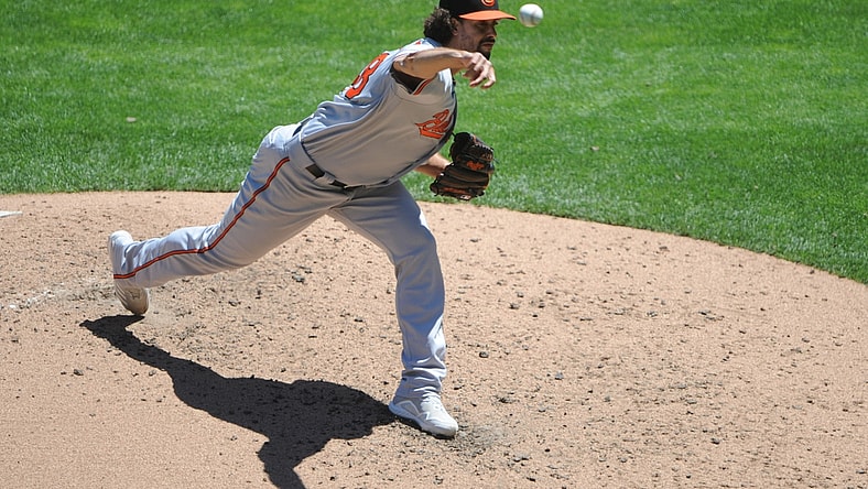 May 26, 2021; Minneapolis, Minnesota, USA; Baltimore Orioles pitcher Jorge Lopez (48) delivers a pitch during the fourth inning against the Minnesota Twins at Target Field. Mandatory Credit: Marilyn Indahl-USA TODAY Sports