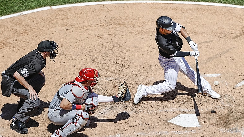 May 26, 2021; Chicago, Illinois, USA; Chicago White Sox second baseman Nick Madrigal (1) singles against the St. Louis Cardinals during the third inning at Guaranteed Rate Field. Mandatory Credit: Kamil Krzaczynski-USA TODAY Sports