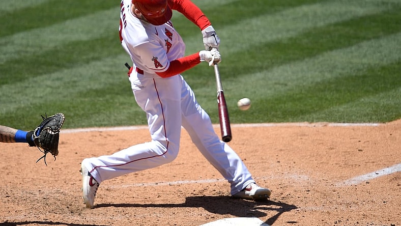 May 26, 2021; Anaheim, California, USA;  Los Angeles Angels third baseman Taylor Ward (3) doubles in the fourth inning against the Texas Rangers at Angel Stadium. Mandatory Credit: Jayne Kamin-Oncea-USA TODAY Sports
