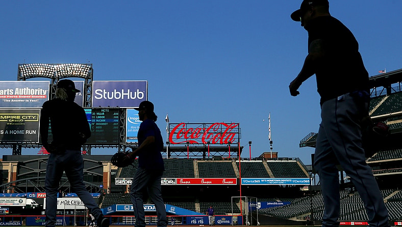 May 26, 2021; New York City, New York, USA; Colorado Rockies players take the field for batting practice before a game against the New York Mets at Citi Field. The game was postponed due to the threat of inclement weather. Mandatory Credit: Brad Penner-USA TODAY Sports