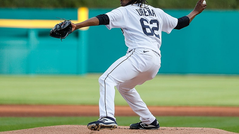 Tigers pitcher Jose Urena delivers a pitch against Cleveland during the first inning at Comerica Park on Wednesday, May 26, 2021.