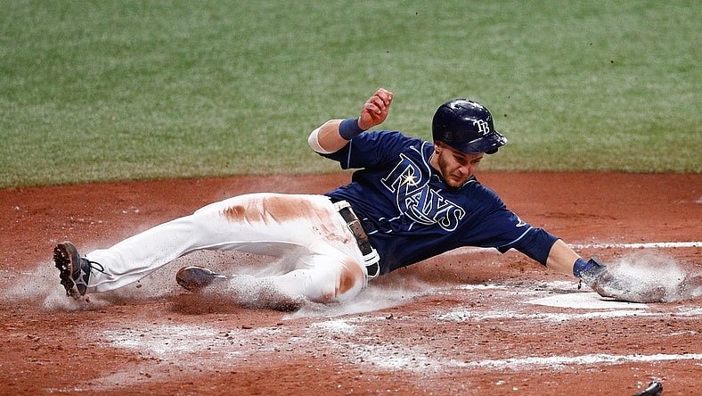 May 26, 2021; St. Petersburg, Florida, USA;  Tampa Bay Rays third baseman Mike Brosseau (43) scores a run  in the fourth inning against the Kansas City Royals at Tropicana Field. Mandatory Credit: Nathan Ray Seebeck-USA TODAY Sports