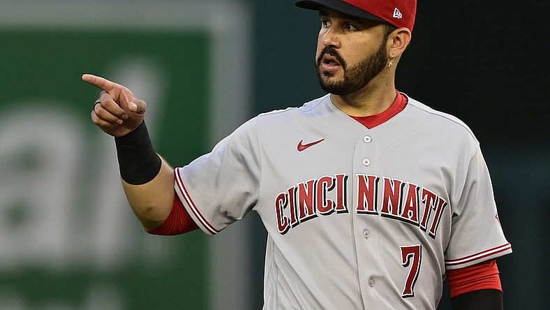 May 26, 2021; Washington, District of Columbia, USA;  Cincinnati Reds third baseman Eugenio Suarez (7) during  the first inning against the Washington Nationals at Nationals Park. Mandatory Credit: Tommy Gilligan-USA TODAY Sports
