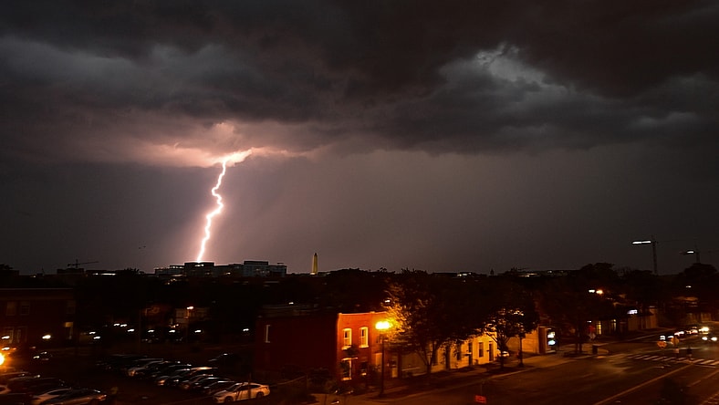 May 26, 2021; Washington, District of Columbia, USA;  Inclement weather over Washington DC delays the game between the Washington Nationals and the Cincinnati Reds at Nationals Park. Mandatory Credit: Tommy Gilligan-USA TODAY Sports