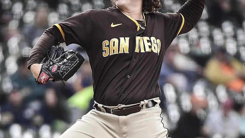 May 27, 2021; Milwaukee, Wisconsin, USA; San Diego Padres pitcher Ryan Weathers (40) pitches in the first inning against the Milwaukee Brewers at American Family Field. Mandatory Credit: Benny Sieu-USA TODAY Sports