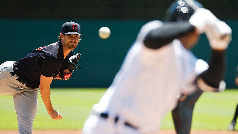 May 27, 2021; Detroit, Michigan, USA;  Cleveland Indians starting pitcher Shane Bieber (57) pitches in the first inning against the Detroit Tigers at Comerica Park. Mandatory Credit: Rick Osentoski-USA TODAY Sports