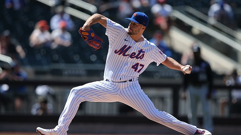 May 27, 2021; New York City, New York, USA; New York Mets starting pitcher Joey Lucchesi (47) pitches against the Colorado Rockies during the first inning at Citi Field. Mandatory Credit: Brad Penner-USA TODAY Sports
