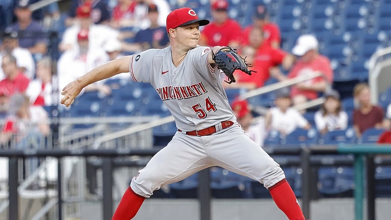 May 27, 2021; Washington, District of Columbia, USA; Cincinnati Reds starting pitcher Sonny Gray (54) pitches against the Washington Nationals in the first inning at Nationals Park. Mandatory Credit: Geoff Burke-USA TODAY Sports