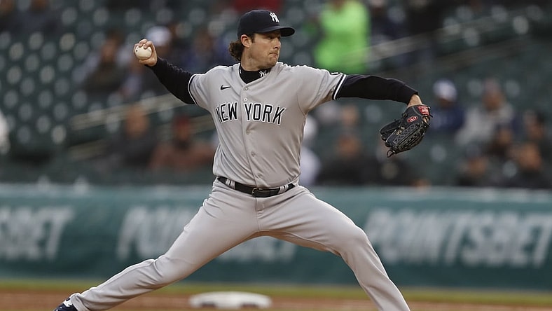 May 28, 2021; Detroit, Michigan, USA; New York Yankees starting pitcher Gerrit Cole (45) pitches during the first inning against the Detroit Tigers at Comerica Park. Mandatory Credit: Raj Mehta-USA TODAY Sports