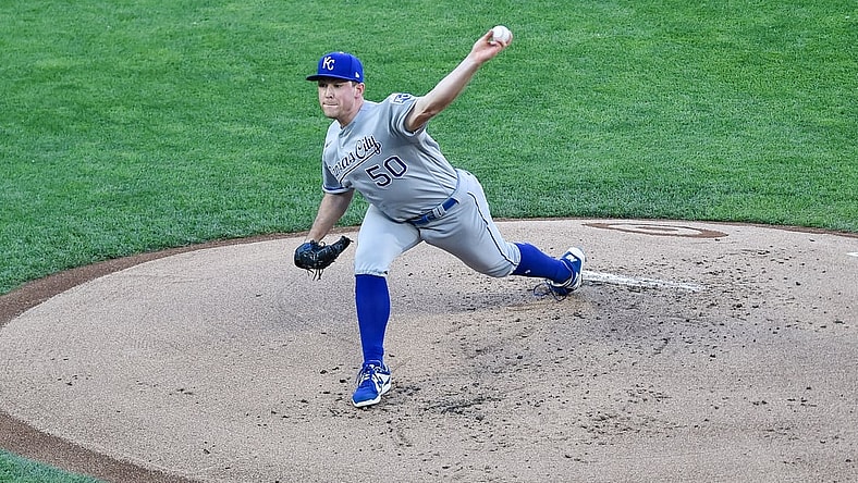 May 28, 2021; Minneapolis, Minnesota, USA; Kansas City Royals starting pitcher Kris Bubic (50) throws a pitch against the Minnesota Twins during the first inning at Target Field. Mandatory Credit: Jeffrey Becker-USA TODAY Sports
