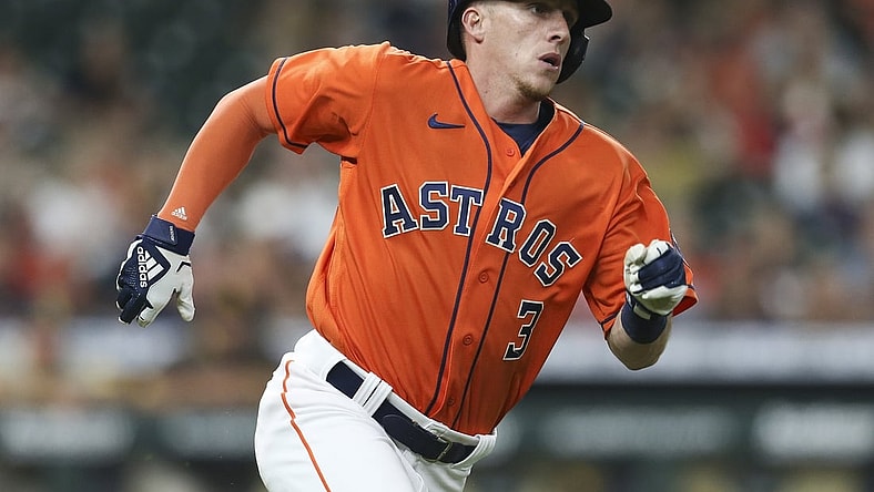 May 28, 2021; Houston, Texas, USA; Houston Astros center fielder Myles Straw (3) watches his double as he runs against the San Diego Padres during the second inning at Minute Maid Park. Mandatory Credit: Thomas Shea-USA TODAY Sports