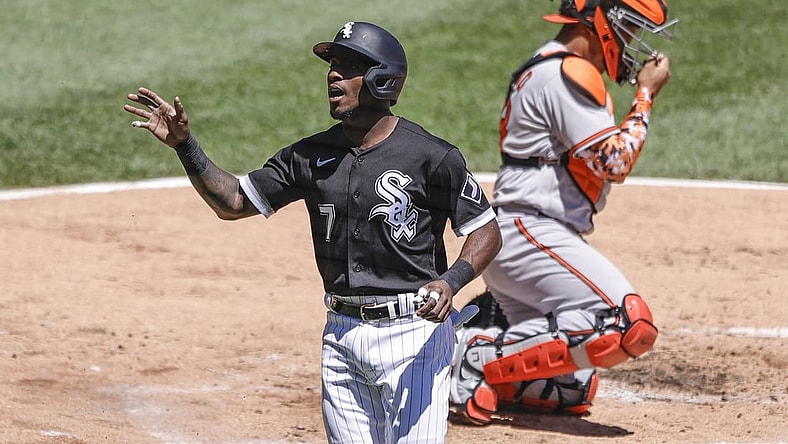 May 29, 2021; Chicago, Illinois, USA; Chicago White Sox shortstop Tim Anderson (7) celebrates after scoring against the Baltimore Orioles during the first inning of the first game of a doubleheader at Guaranteed Rate Field. Mandatory Credit: Kamil Krzaczynski-USA TODAY Sports