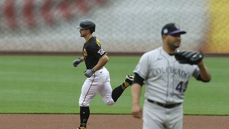 May 29, 2021; Pittsburgh, Pennsylvania, USA;  Pittsburgh Pirates center fielder Bryan Reynolds (10) circles the bases on a two run home run against Colorado Rockies relief pitcher Jhoulys Chacin (43) during the fifth inning at PNC Park. Mandatory Credit: Charles LeClaire-USA TODAY Sports