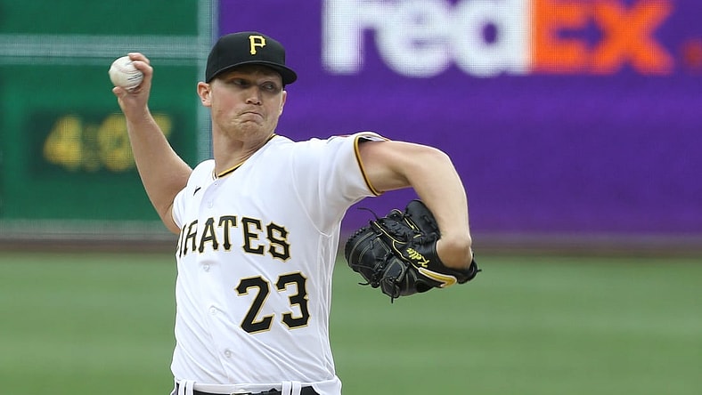 May 29, 2021; Pittsburgh, Pennsylvania, USA;  Pittsburgh Pirates starting pitcher Mitch Keller (23) delivers a pitch against the Colorado Rockies during the first inning at PNC Park. Mandatory Credit: Charles LeClaire-USA TODAY Sports