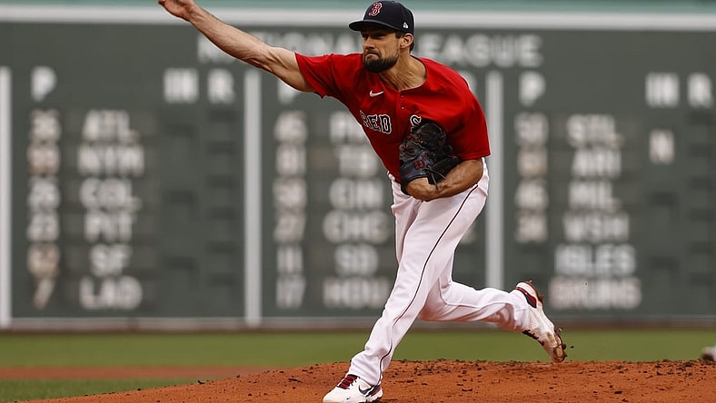 May 29, 2021; Boston, Massachusetts, USA; Boston Red Sox starting pitcher Nathan Eovaldi (17) pitches against the Miami Marlins during the first inning at Fenway Park. Mandatory Credit: Winslow Townson-USA TODAY Sports