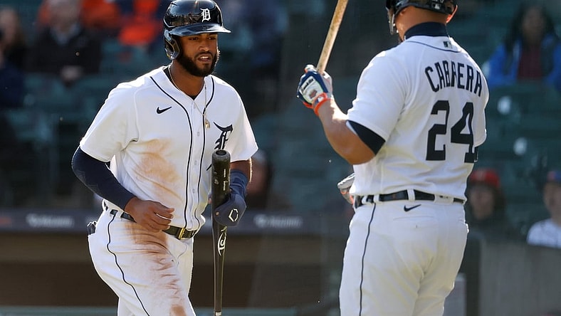 May 29, 2021; Detroit, Michigan, USA;  Detroit Tigers shortstop Willi Castro (9) celebrates with designated hitter Miguel Cabrera (24) after scoring against the New York Yankees in the fifth inning at Comerica Park. Mandatory Credit: Rick Osentoski-USA TODAY Sportsn