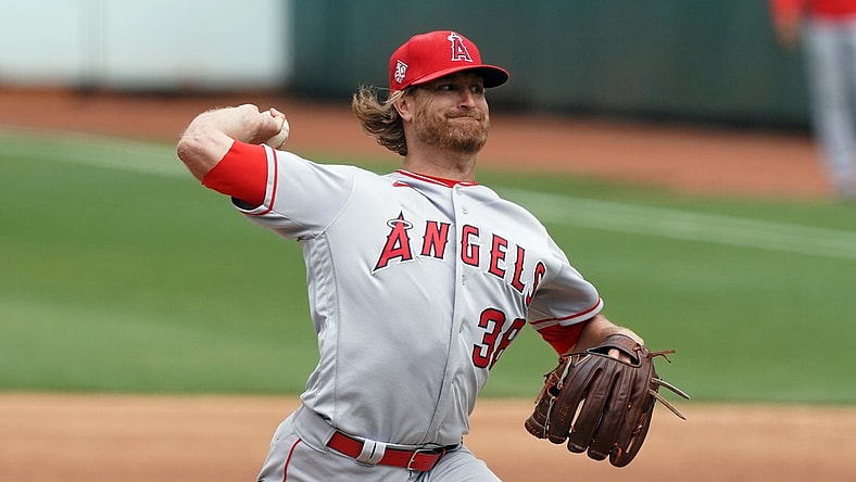 May 29, 2021; Oakland, California, USA; Los Angeles Angels starting pitcher Alex Cobb (38) throws a pitch during the sixth inning against the Oakland Athletics at RingCentral Coliseum. Mandatory Credit: Darren Yamashita-USA TODAY Sports