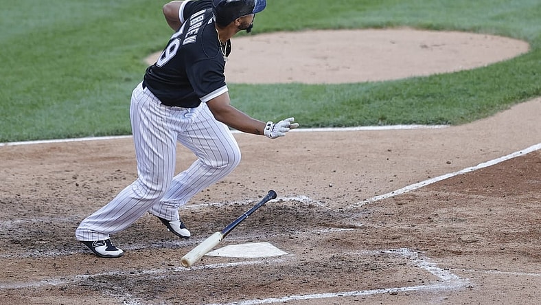 May 29, 2021; Chicago, Illinois, USA; Chicago White Sox first baseman Jose Abreu (79) watches his two run home run against the Baltimore Orioles during the fifth inning of the second game of a doubleheader at Guaranteed Rate Field. Mandatory Credit: Kamil Krzaczynski-USA TODAY Sports
