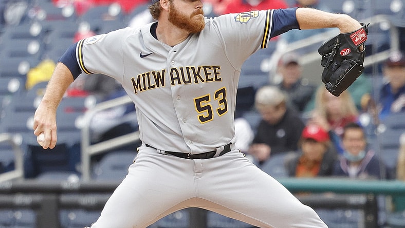 May 30, 2021; Washington, District of Columbia, USA;  Milwaukee Brewers starting pitcher Brandon Woodruff (53) p[itches against the Washington Nationals in the first inning at Nationals Park. Mandatory Credit: Geoff Burke-USA TODAY Sports