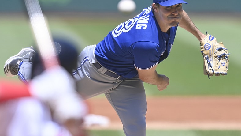 May 30, 2021; Cleveland, Ohio, USA; Toronto Blue Jays starting pitcher Ross Stripling (48) delivers a pitch in the first inning against the Cleveland Indians at Progressive Field. Mandatory Credit: David Richard-USA TODAY Sports