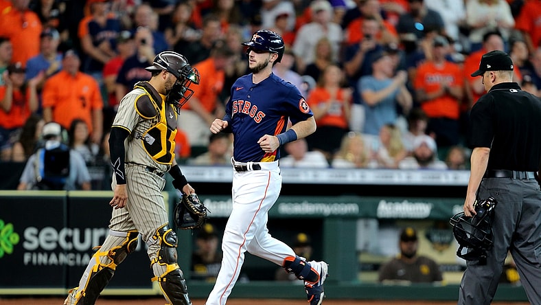 May 30, 2021; Houston, Texas, USA; Houston Astros right fielder Kyle Tucker (30) crosses home plate after hitting a three run home run against the San Diego Padres during the first inning at Minute Maid Park. Mandatory Credit: Erik Williams-USA TODAY Sports