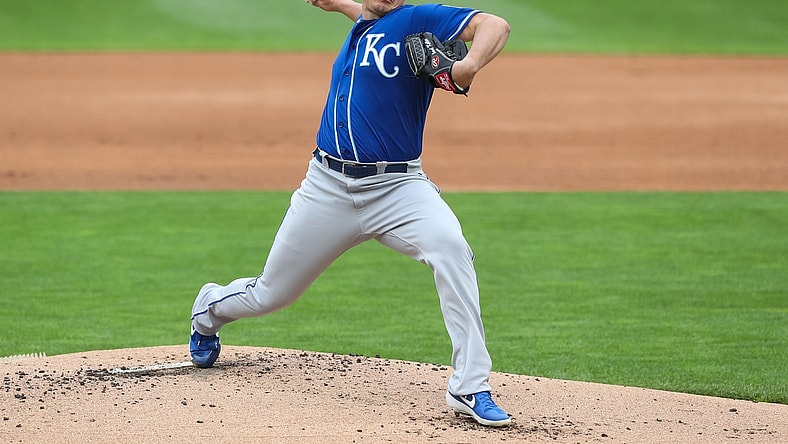 May 30, 2021; Minneapolis, Minnesota, USA; Kansas City Royals starting pitcher Brad Keller (56) delivers a pitch against the Minnesota Twins in the first inning at Target Field. Mandatory Credit: David Berding-USA TODAY Sports