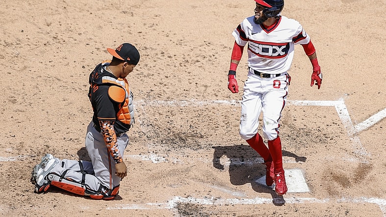 May 30, 2021; Chicago, Illinois, USA; Chicago White Sox center fielder Billy Hamilton (0) smiles as he crosses home plate after hitting a solo home run against the Baltimore Orioles during the third inning at Guaranteed Rate Field. Mandatory Credit: Kamil Krzaczynski-USA TODAY Sports