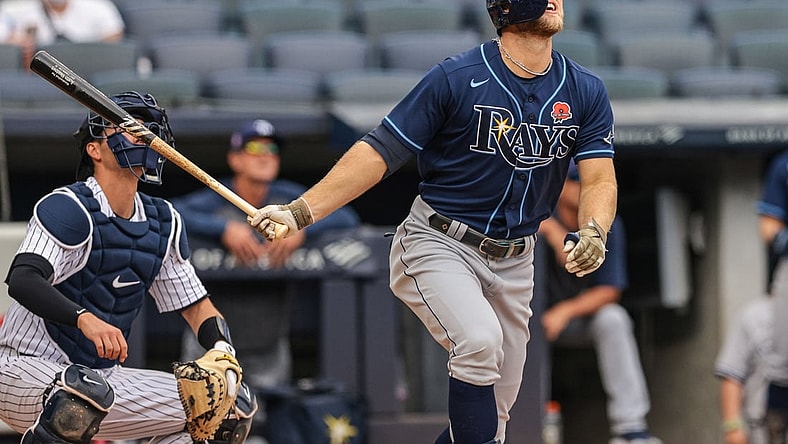May 31, 2021; Bronx, New York, USA; Tampa Bay Rays designated hitter Austin Meadows (17) hits a home run during the fourth inning against the New York Yankees at Yankee Stadium. Mandatory Credit: Vincent Carchietta-USA TODAY Sports
