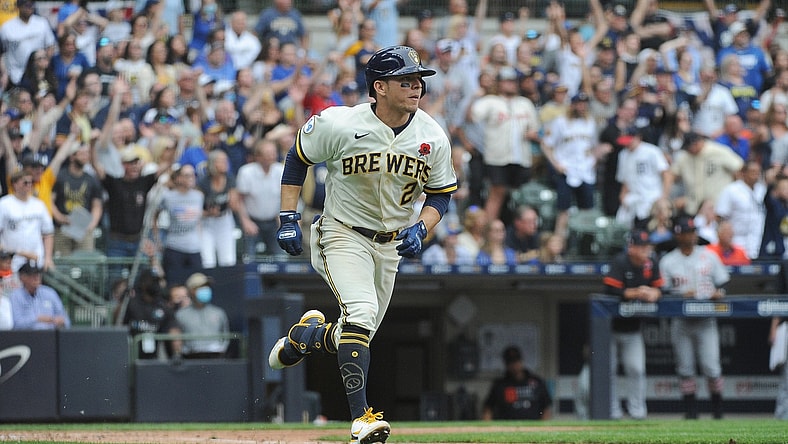 May 31, 2021; Milwaukee, Wisconsin, USA; Milwaukee Brewers third baseman Luis Urias (2) knocks in the winning run in the tenth inning against the Detroit Tigers at American Family Field. Final score Milwaukee Brewers 3, Detroit Tigers 2. Mandatory Credit: Michael McLoone-USA TODAY Sports