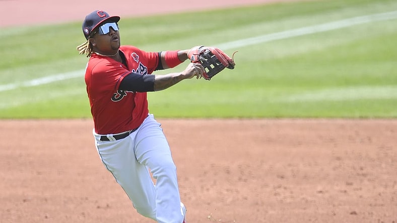 May 31, 2021; Cleveland, Ohio, USA; Cleveland Indians third baseman Jose Ramirez (11) throws to first base in the second inning against the Chicago White Sox at Progressive Field. Mandatory Credit: David Richard-USA TODAY Sports