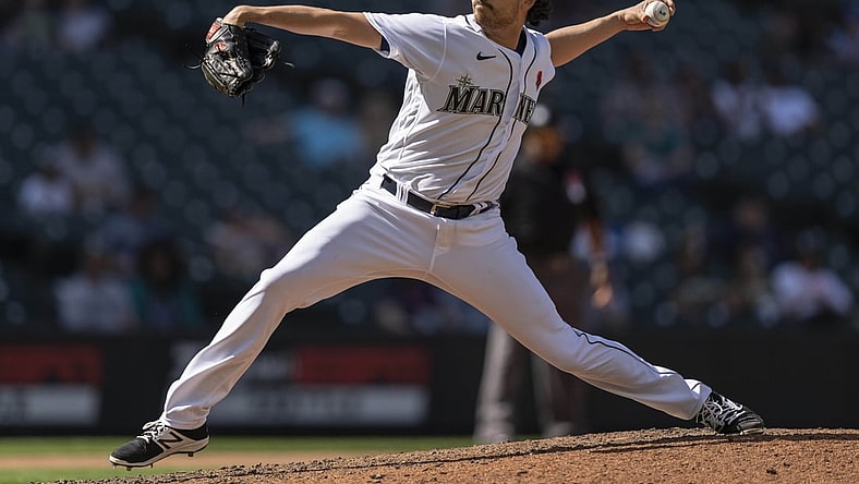 May 31, 2021; Seattle, Washington, USA;  Seattle Mariners reliever Daniel Zamora (62) delivers a pitch during the tenth inning of a game against the Oakland Athletics at T-Mobile Park. The Mariners won 6-5 in 10 innings. Mandatory Credit: Stephen Brashear-USA TODAY Sports