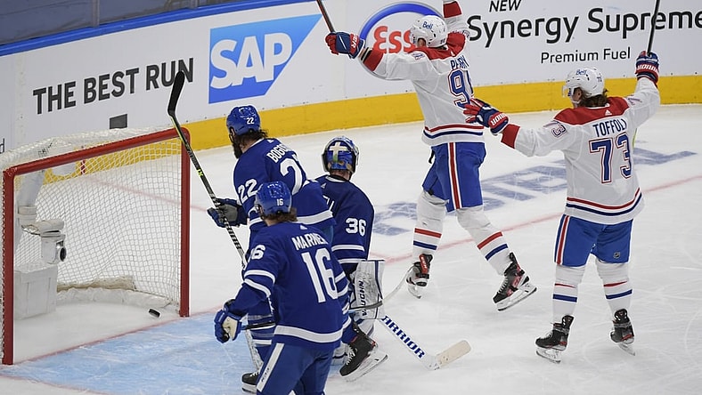 May 31, 2021; Toronto, Ontario, CAN; Montreal Canadiens forward Corey Perry (94) celebrates after scoring against the Toronto Maple Leafs in game seven of the first round of the 2021 Stanley Cup Playoffs at Scotiabank Arena. Mandatory Credit: Dan Hamilton-USA TODAY Sports