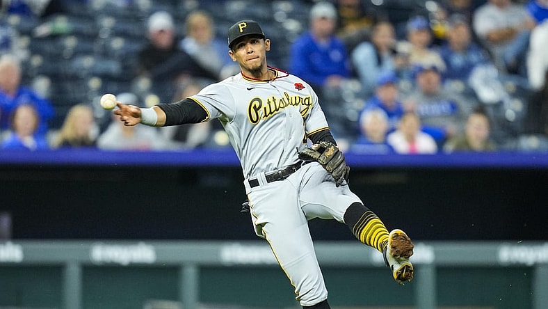 May 31, 2021; Kansas City, Missouri, USA; Pittsburgh Pirates third baseman Erik Gonzalez (2) throws to first base against the Kansas City Royals during the fifth inning at Kauffman Stadium. Mandatory Credit: Jay Biggerstaff-USA TODAY Sports