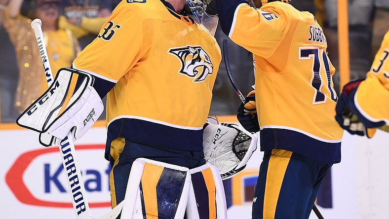 Apr 12, 2018; Nashville, TN, USA; Nashville Predators goalie Pekka Rinne (35) is congratulated by Nashville Predators defenseman P.K. Subban (76) after a win against the Colorado Avalanche in game one of the first round of the 2018 Stanley Cup Playoffs at Bridgestone Arena. Mandatory Credit: Christopher Hanewinckel-USA TODAY Sports
