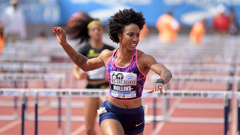 Apr 21, 2018; Torrance, CA, USA; Brianna Rollins-McNeal wins the women's 100m hurdles in a meet-record 12.43  during the 60th Mt. San Antonio College Relays at Murdock Stadium. Mandatory Credit: Kirby Lee-USA TODAY Sports