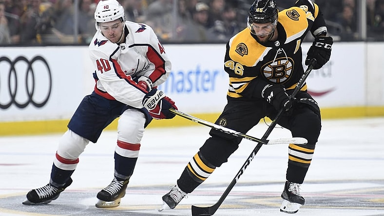 Sep 16, 2018; Boston, MA, USA; Boston Bruins center David Krejci (46) skates with the puck against Washington Capitals forward Garrett Pilon (40) during the third period at TD Garden. Mandatory Credit: Bob DeChiara-USA TODAY Sports