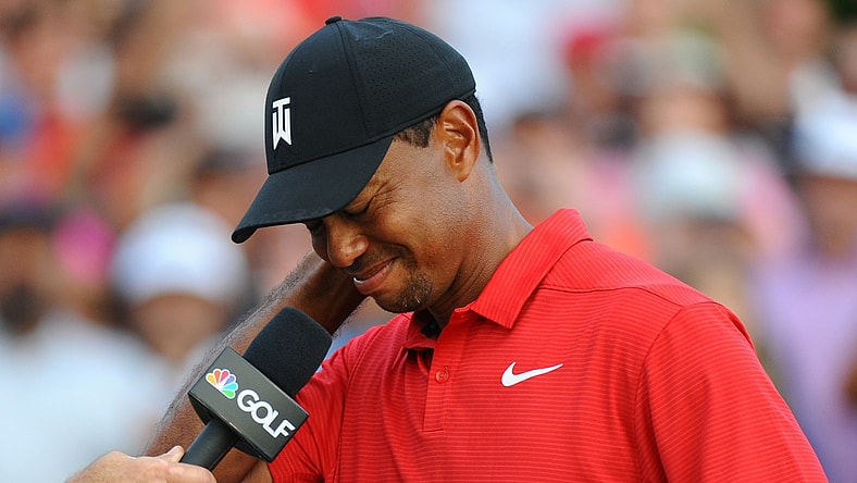 Sep 23, 2018; Atlanta, GA, USA;  Tiger Woods answers questions during a post round interview following the final round of the Tour Championship golf tournament at East Lake Golf Club. Mandatory Credit: Christopher Hanewinckel-USA TODAY Sports